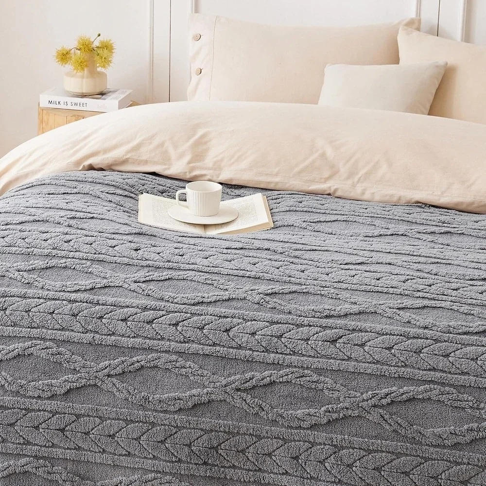 Queen Fleece Blanket Gray Cable Knit Embossed Cozy Soft Bedding NEW